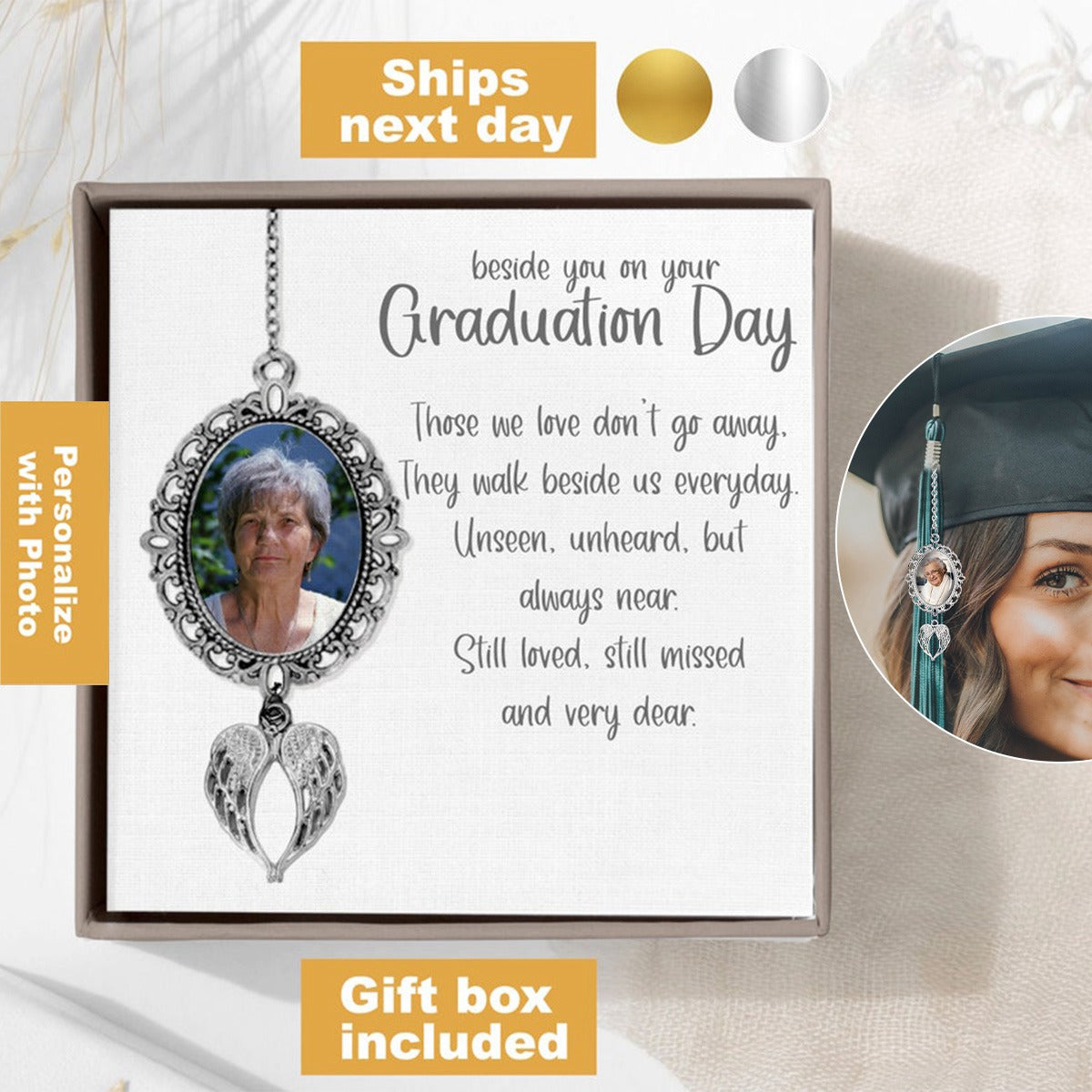 Memorial Personalized Graduation Tassel Photo Charm With Angel Wings