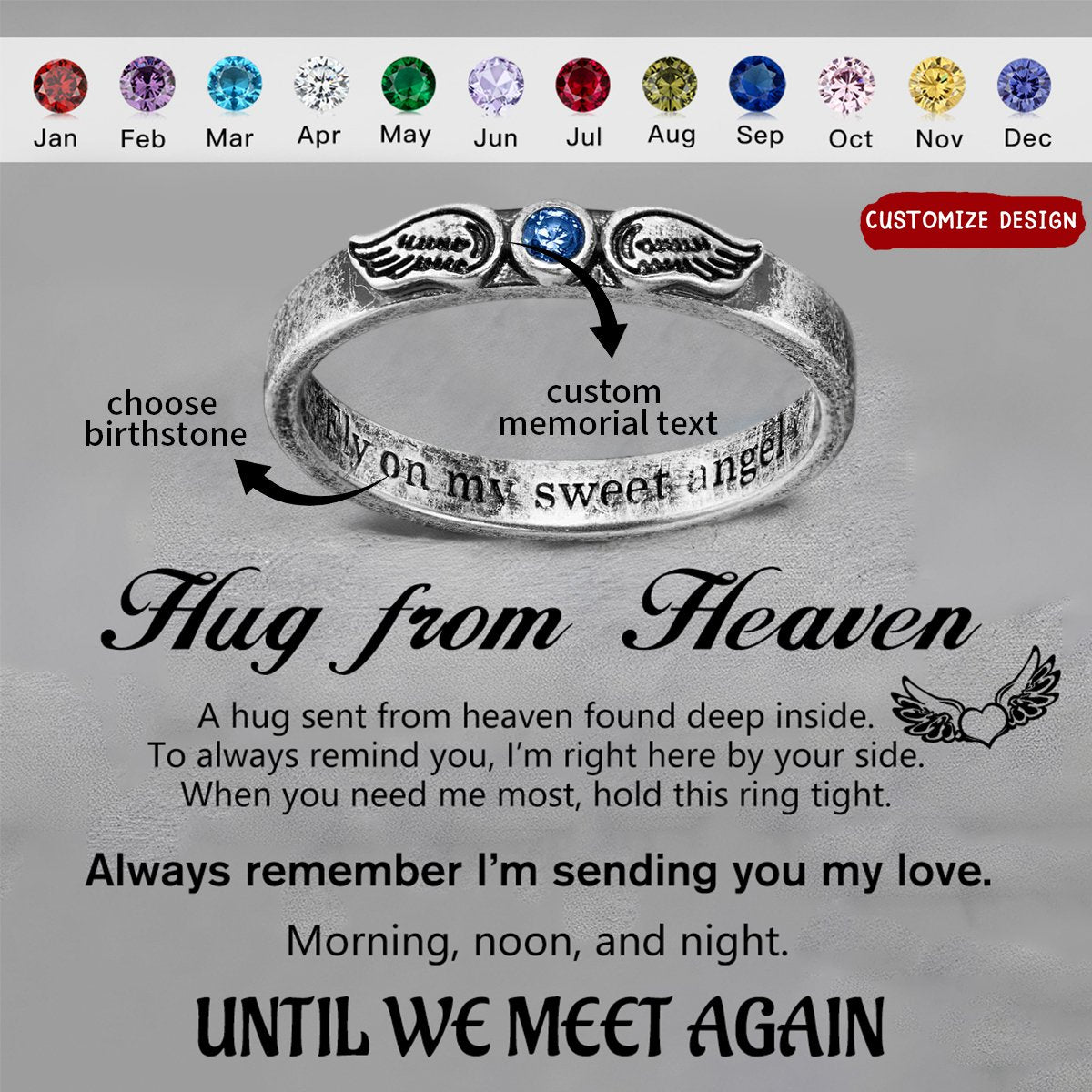 Angel Wings with Birthstone - Personalized Vintage Engraved Ring, Memorial Gift