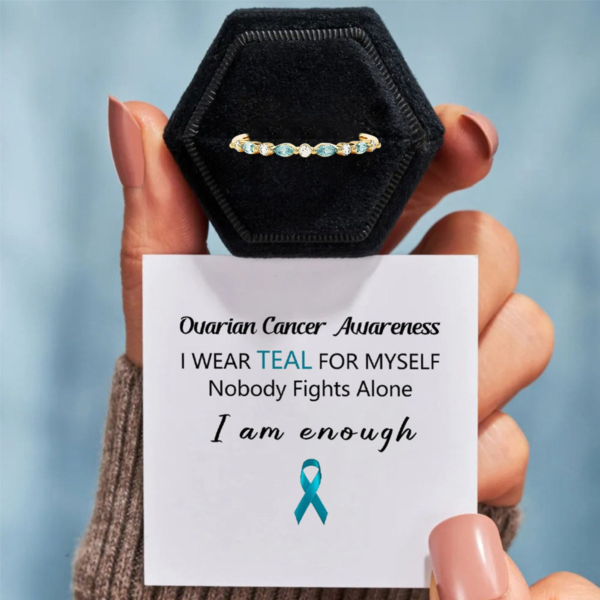 Ovarian Cancer Awareness-Cyan Diamond Thin Ring