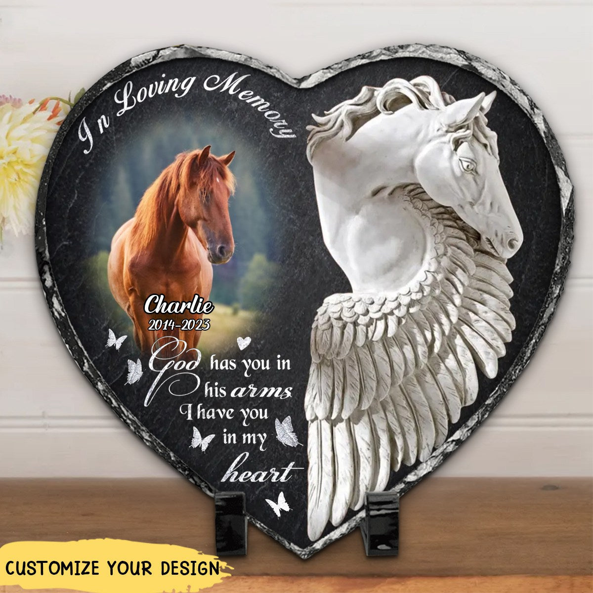 In Loving Memory - Personalized Horse Photo Heart Lithograph Stone