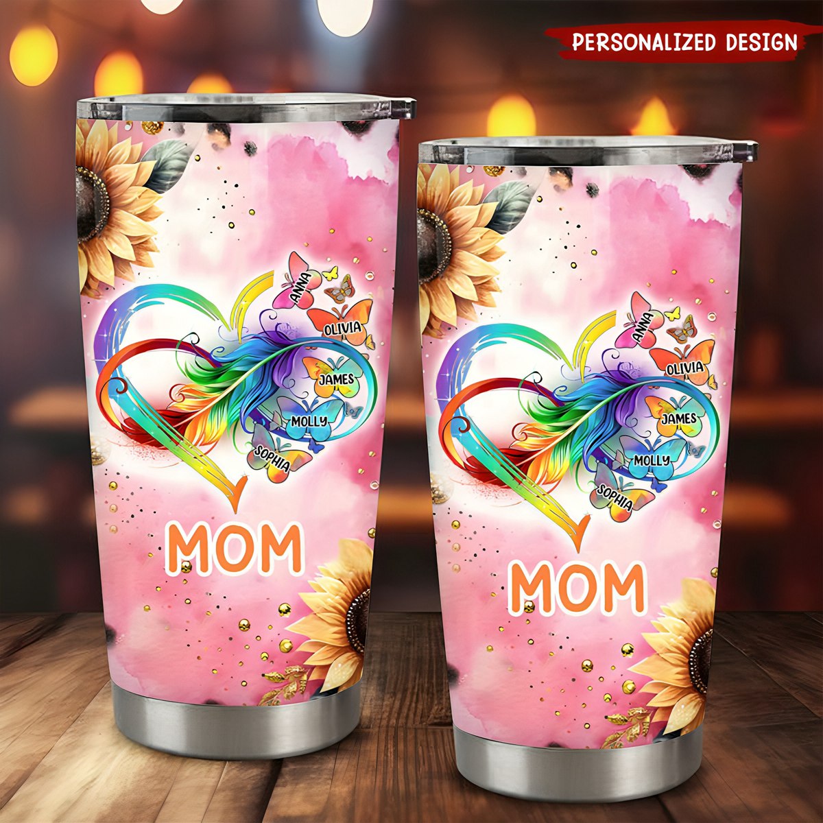Sunflower With Pink Background Color Heart Infinity Sign Butterfly Personalized Tumbler