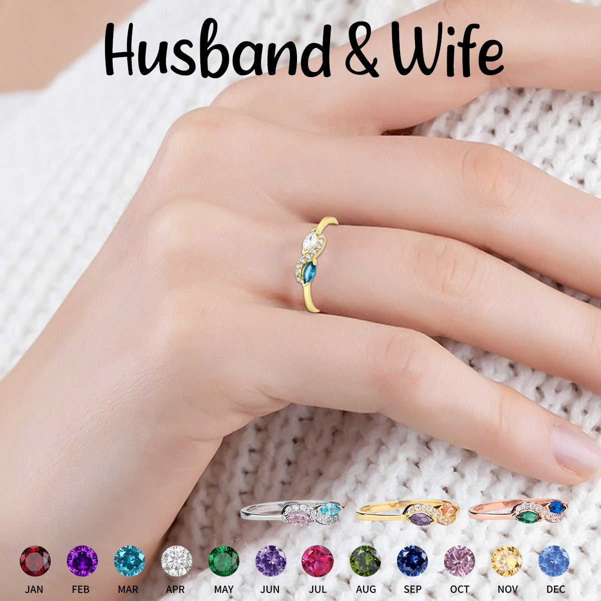 Personalized Double Marquise Cut Birthstone Ring-Gift For Couple