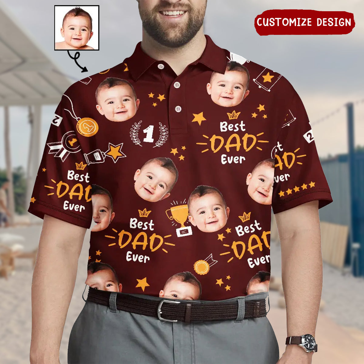 Custom Photo Best Papa Ever Trophy Dad - Personalized Polo Shirt