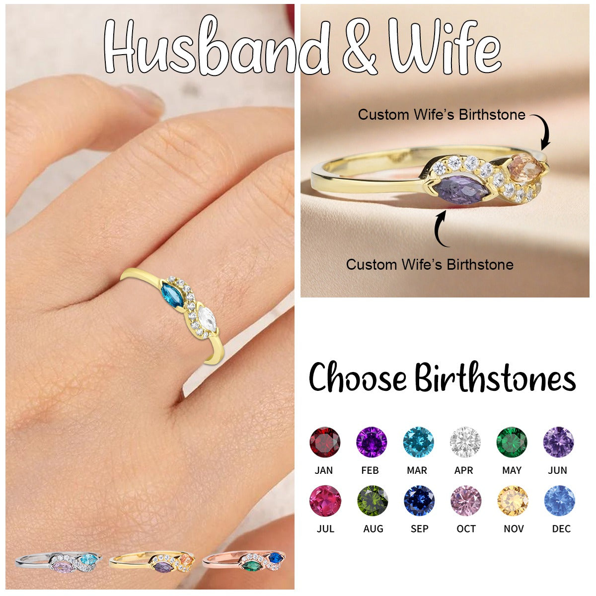 Personalized Double Marquise Cut Birthstone Ring-Gift For Couple