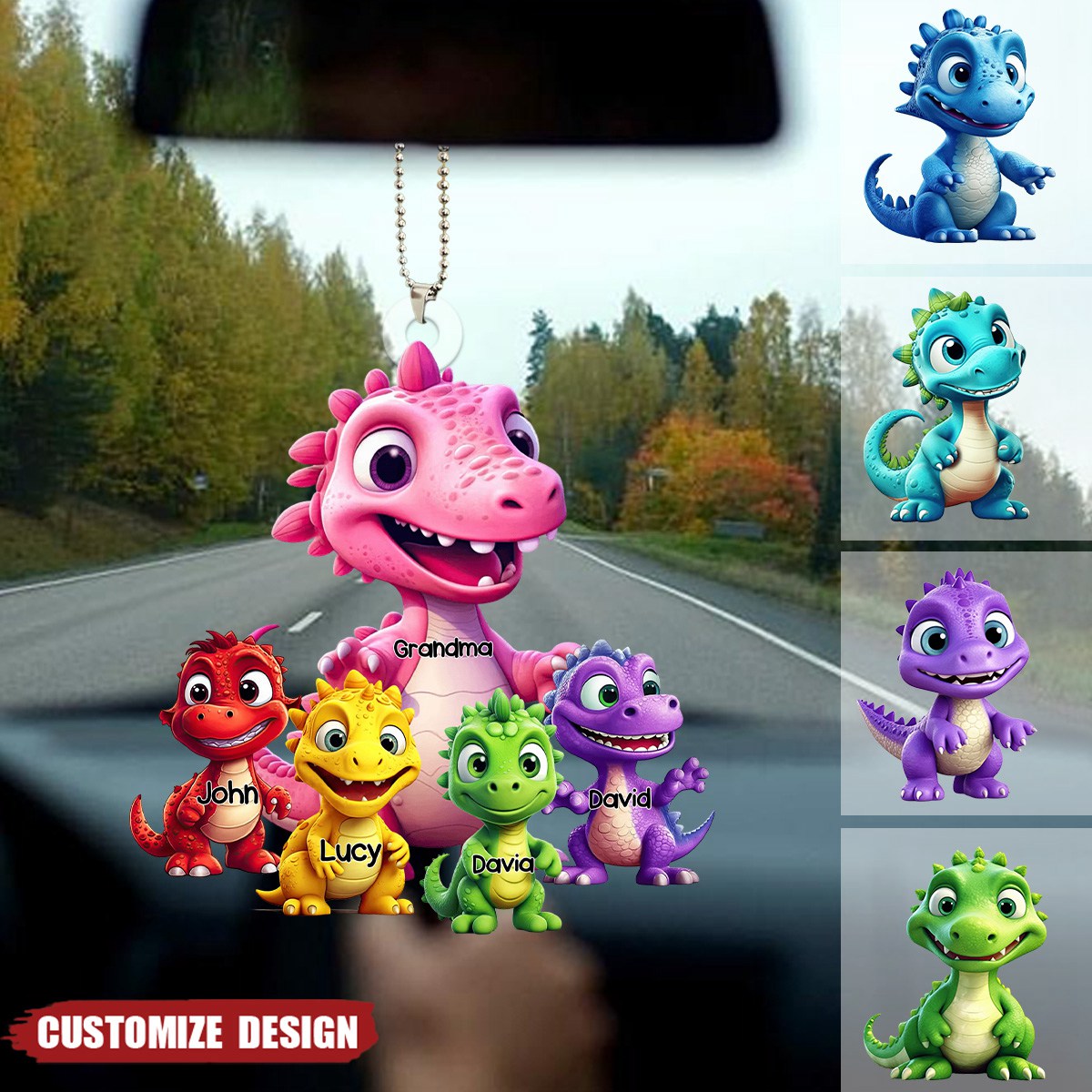 Personalized Dinosaur Mom/Grandma And Kids Acrylic Car Ornament