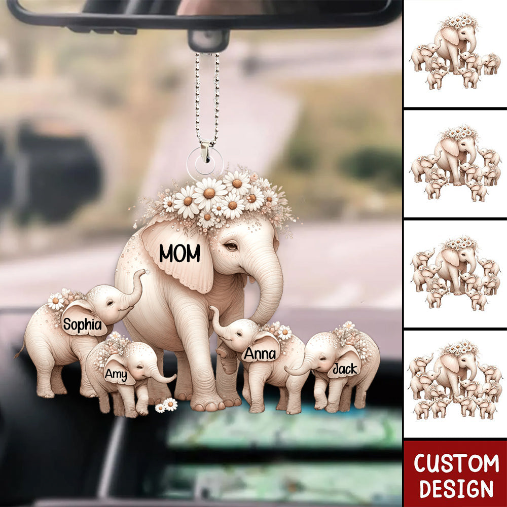 Mama Elephant With Little Kids - Personalized Acrylic Car Ornament - Mother's Day Gift