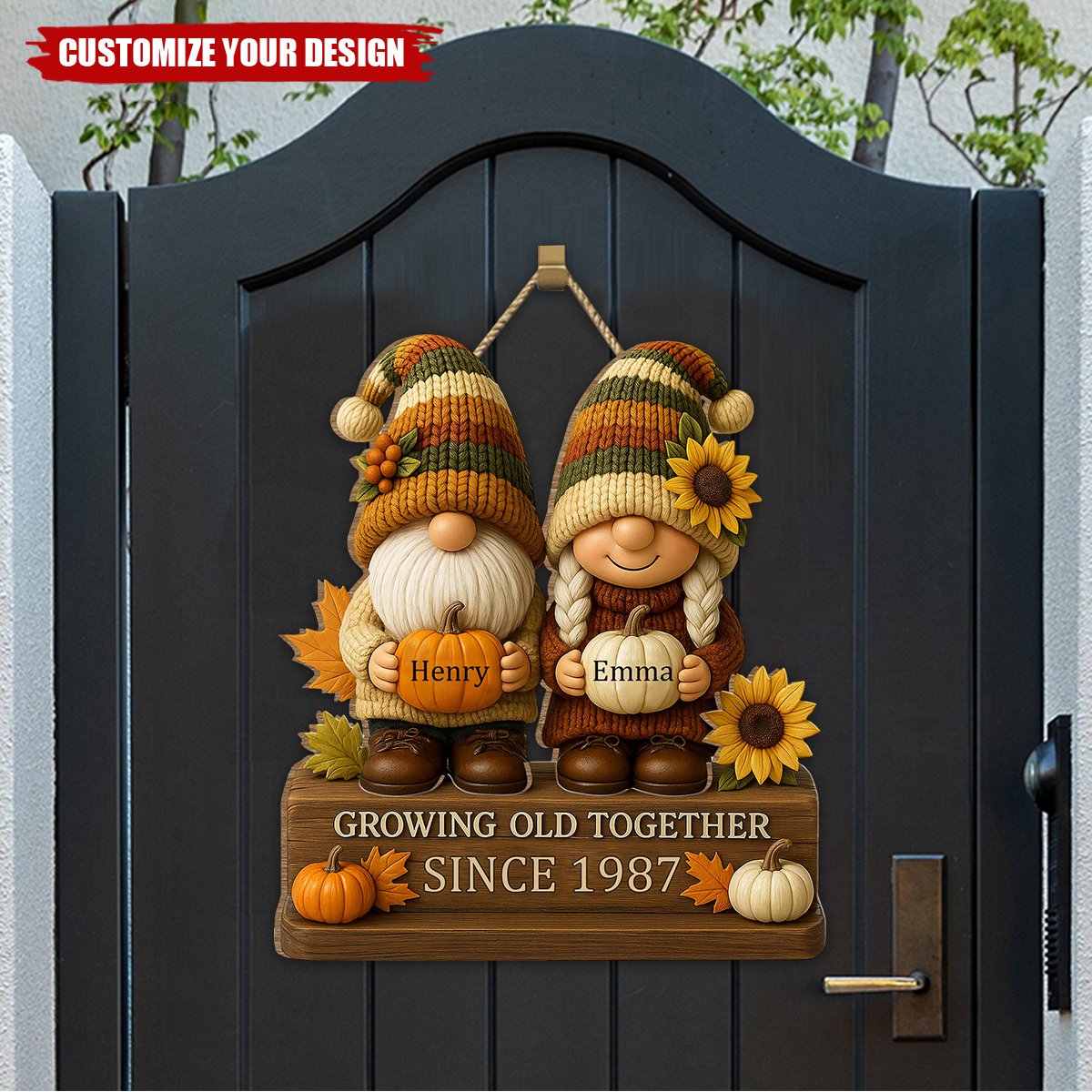 Growing Old Together, Couple With Sunflowers And Pumpkins Wood Sign, Gift For Couples And Grandparents