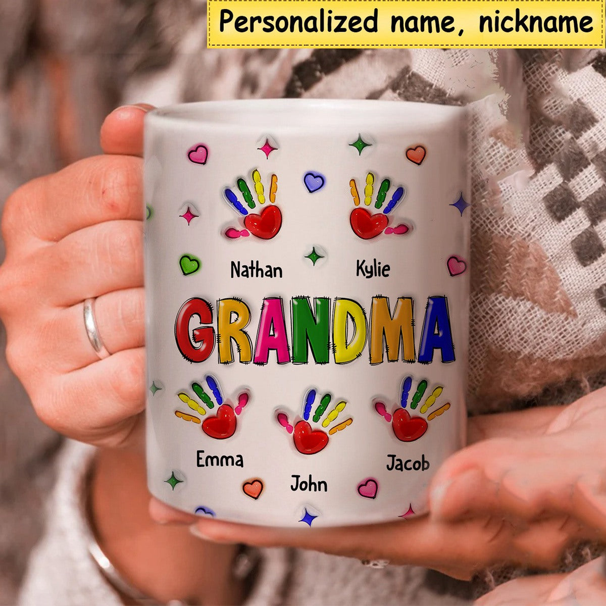 Personalized Colorful Grandma/Mom Handprint Grandkids Mug