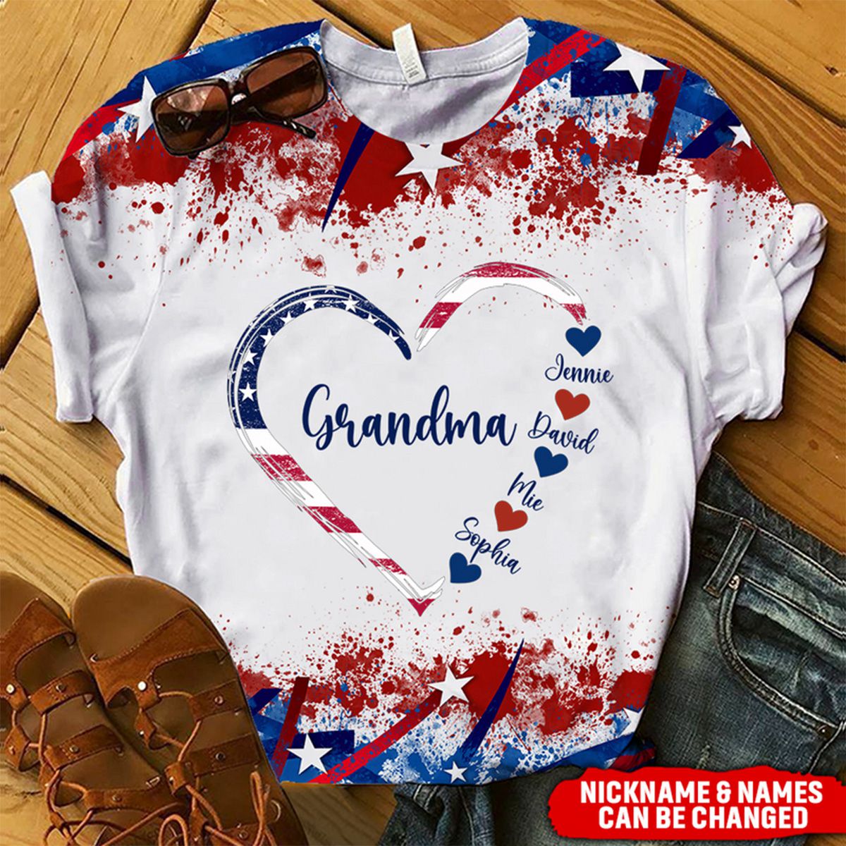 Heart With Kid Name Grandma 4th of July Personalized 3D T-shirt