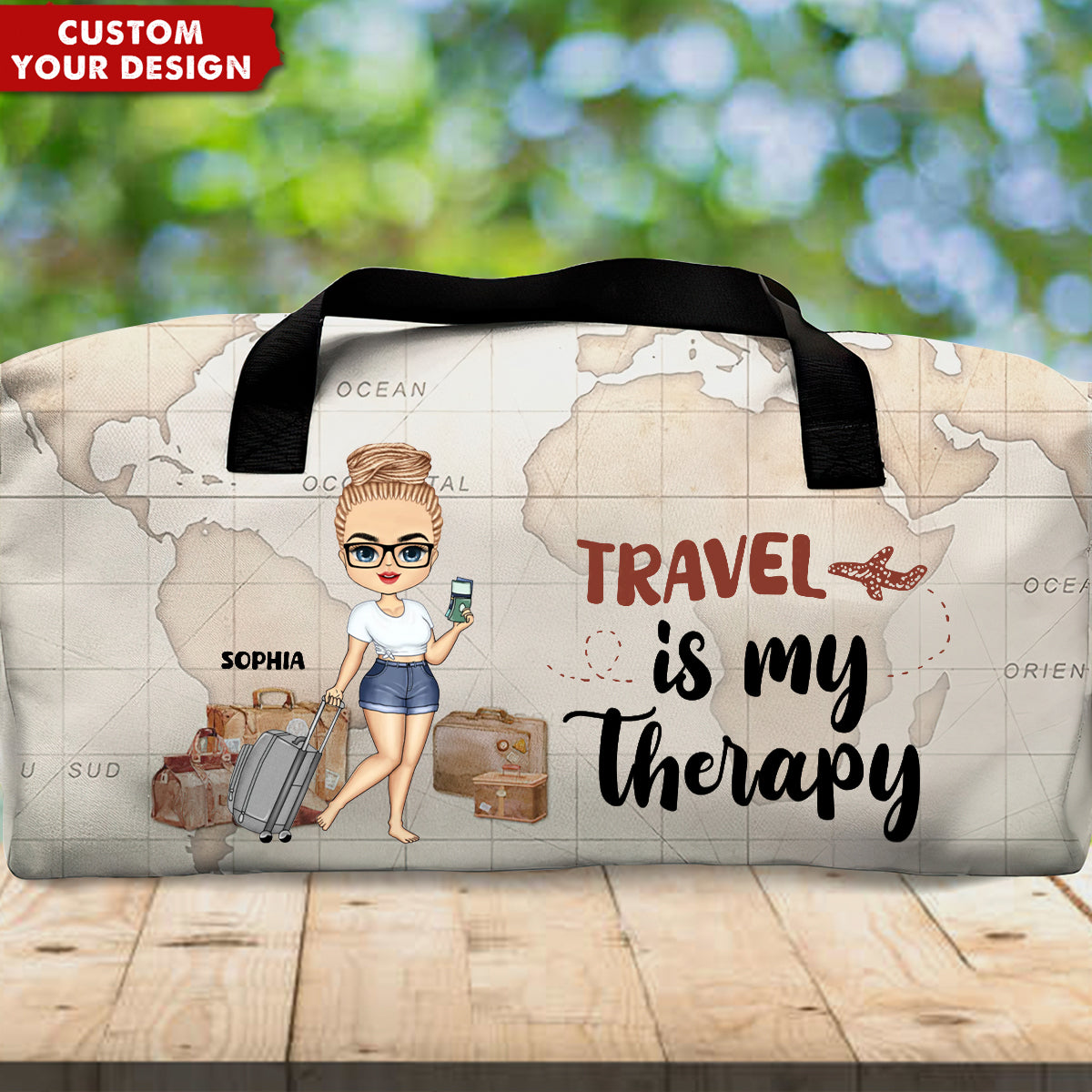 Travel Is My Therapy Vintage World Map - Personalized Duffle Bag