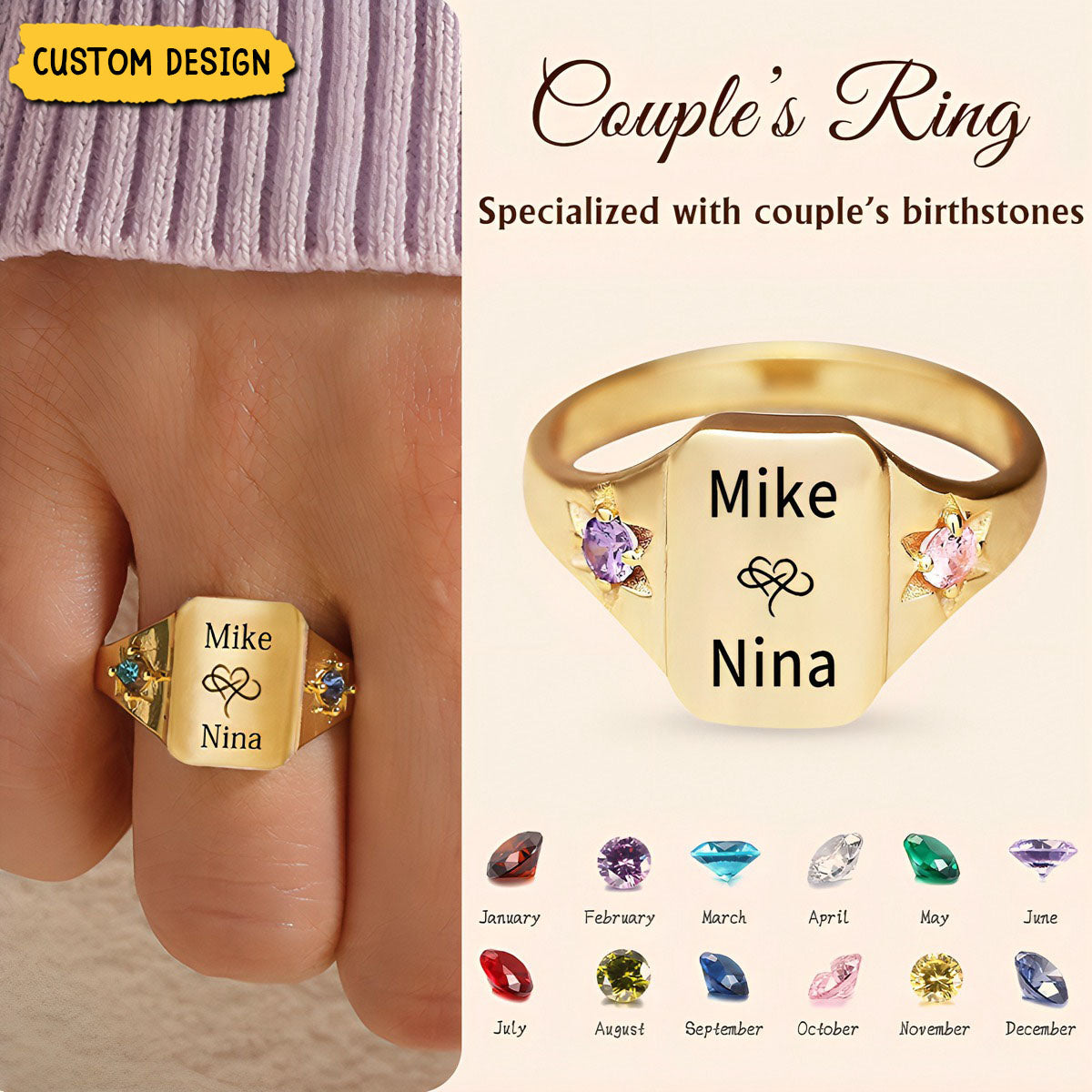 Custom Name Personalized Rings With 2 Birthstones, Gift for Couple