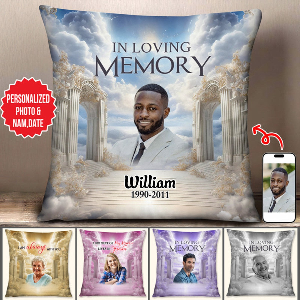Memorial Upload Photo Heaven Gate Sky, In Loving Memory Personalized Pillow