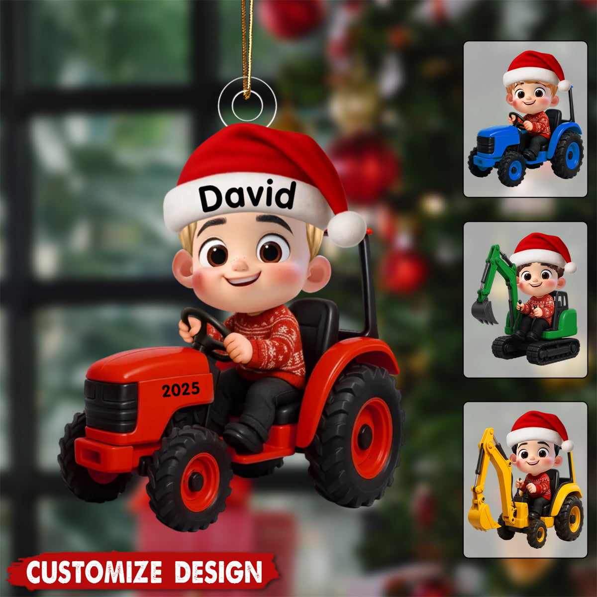 Little Boy Kid With Construction Vehicle Excavator Backhoe Tractor - Christmas Personalized Acrylic Ornament