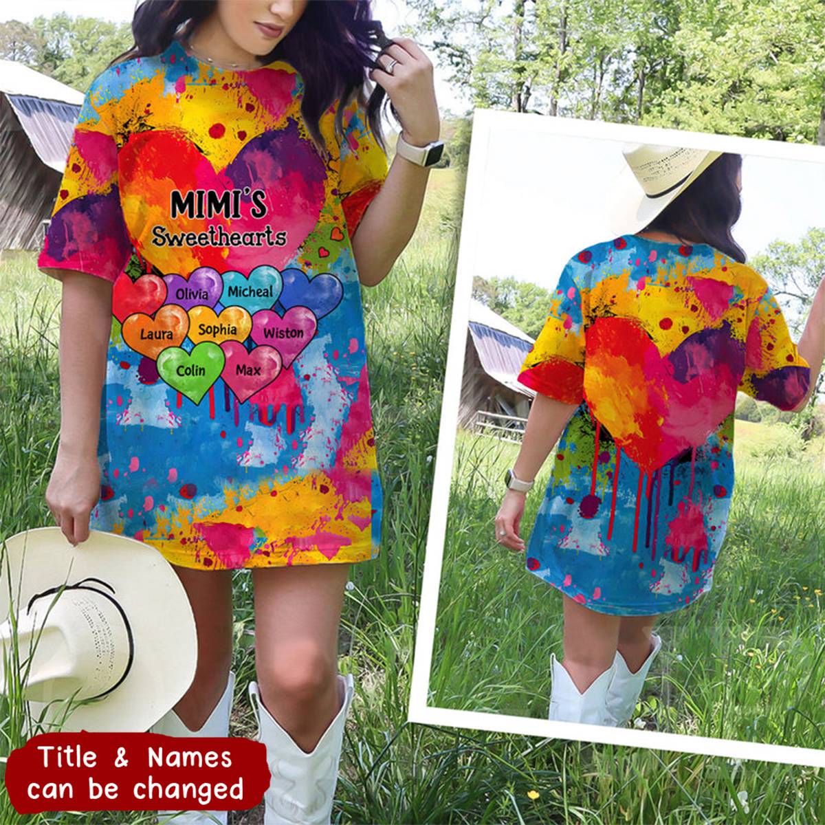 Vibrant Heart Paint Splatter Grandma Mom Kids Personalized 3D T-shirt