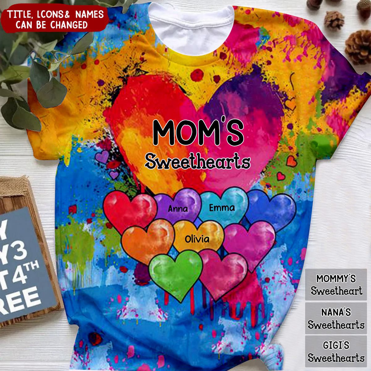 Vibrant Heart Paint Splatter Grandma Mom Kids Personalized 3D T-shirt