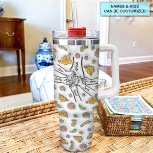 Floral Mom Hand- Personalized Tumbler With Handle - Mother's Day Gift