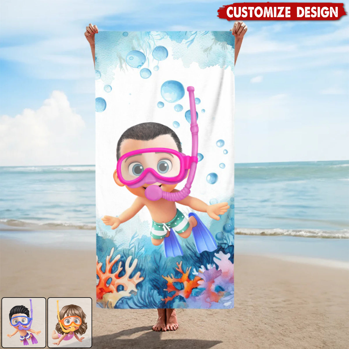 Personalized Cartoon Kid Scuba Diver Beach Towel - Gift for Boys Girls