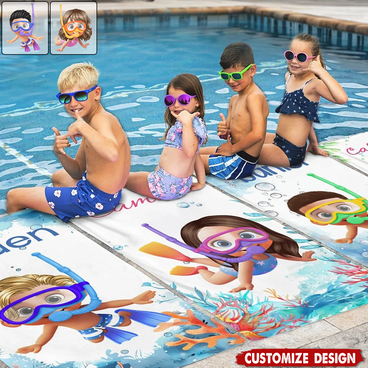 Personalized Cartoon Kid Scuba Diver Beach Towel - Gift for Boys Girls