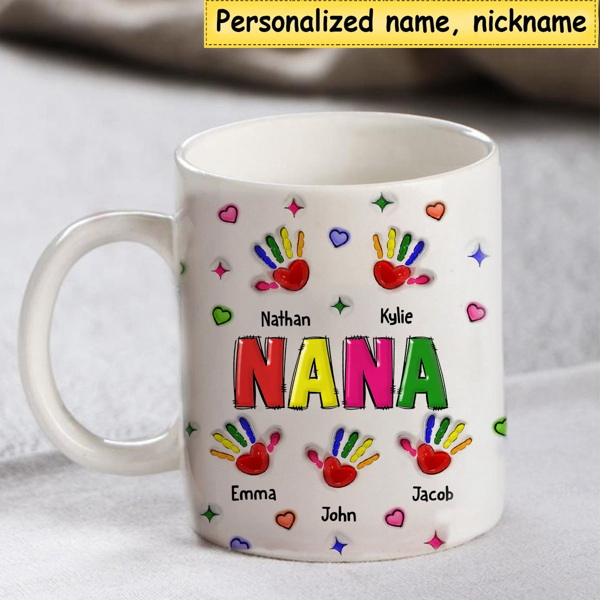 Personalized Colorful Grandma/Mom Handprint Grandkids Mug