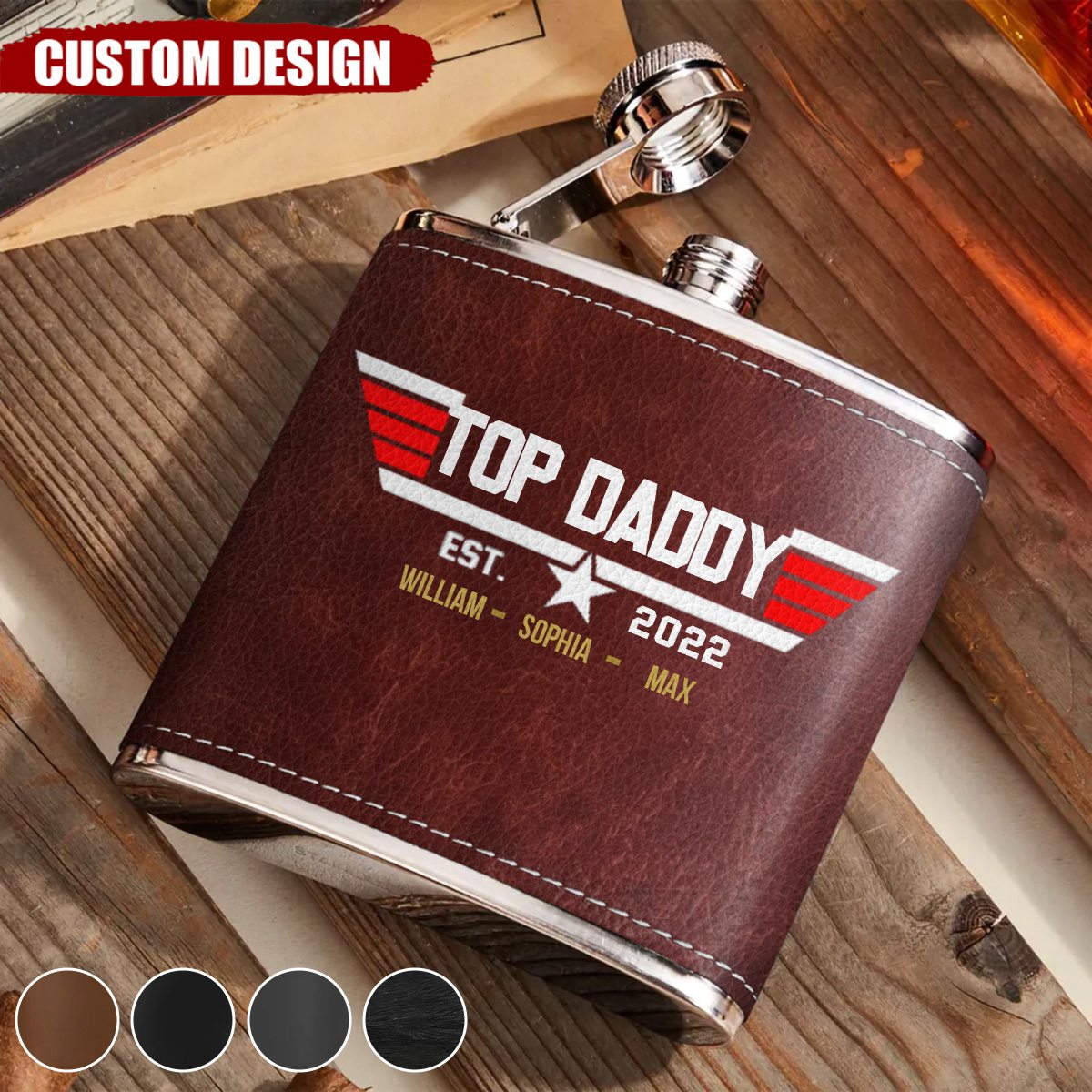 Personalized Papa Leather Flask - Upto 12 Children - Gift Idea for Dad/Grandpa