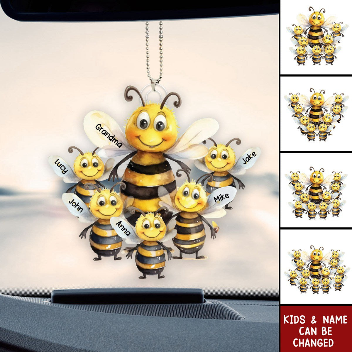 Personalized Bee Family Acrylic Car Ornament - Gift For Mom, Grandma