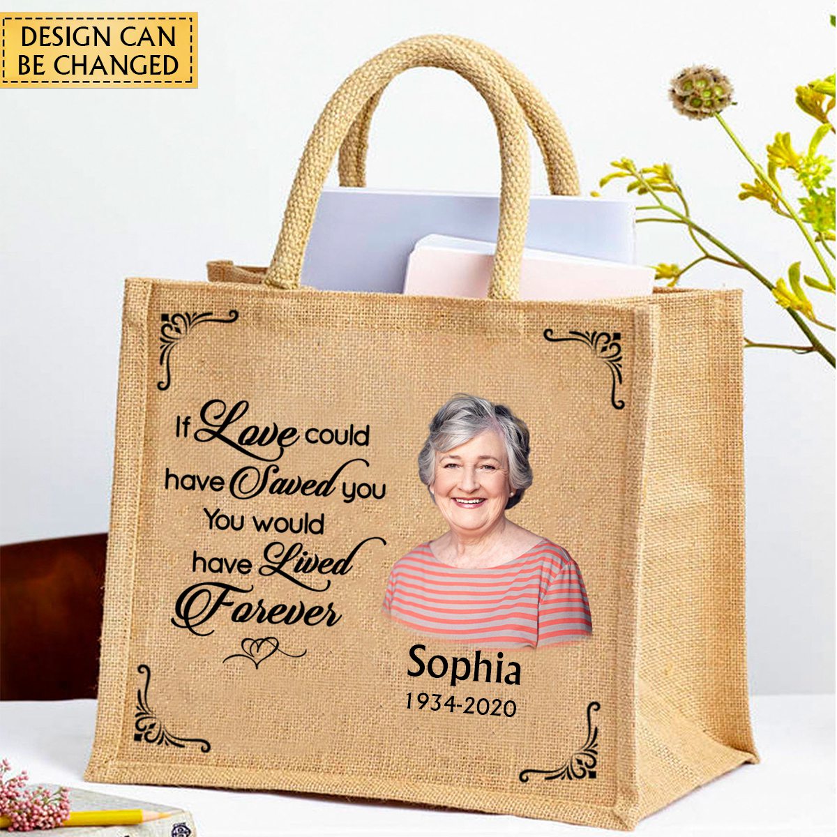I Will Carry You With Me Until I See You Again Memorial Gift From Photo- Personalized Jute Tote Bag