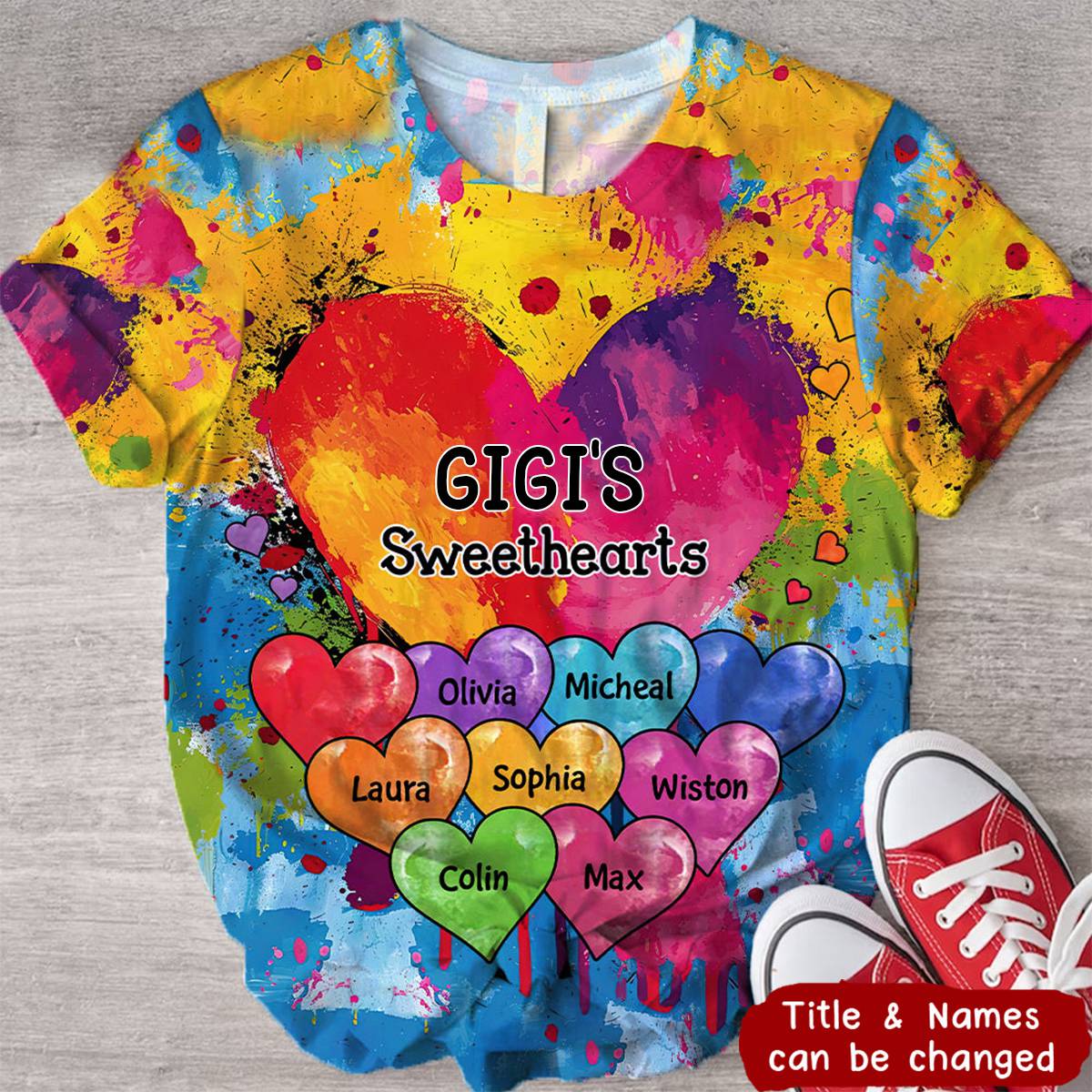 Vibrant Heart Paint Splatter Grandma Mom Kids Personalized 3D T-shirt
