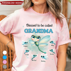 Blessed to be called Grandma Cute Dragonfly Grandkids Personalized White T-shirt