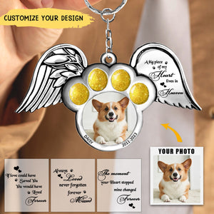 Personalized Memorial Dog Wings Aluminum Keychain- Upload Pet Photo - The Moment Your Heart Stopped Mine Changed Forever