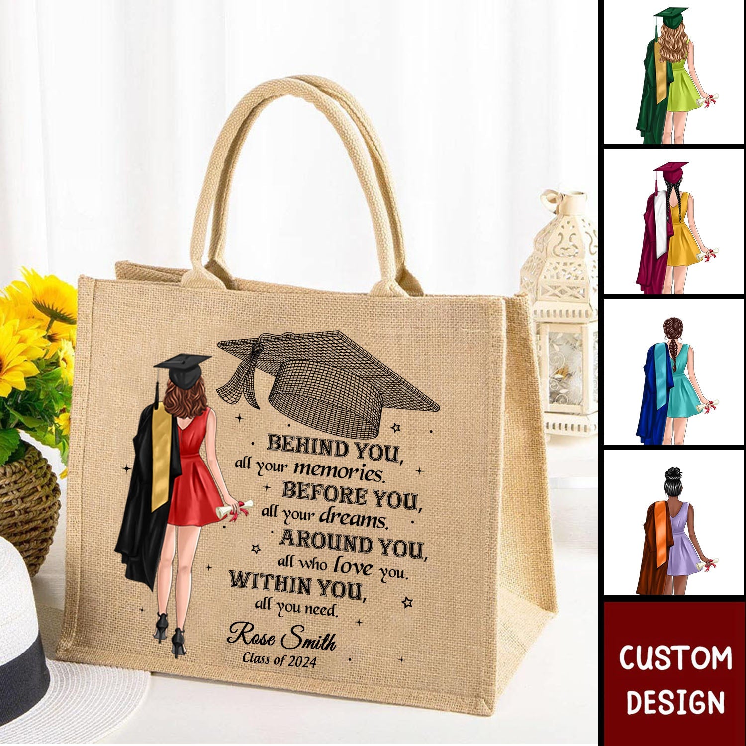 Behind You All Your Memories Graduation Gift Personalized Jute Tote Bag