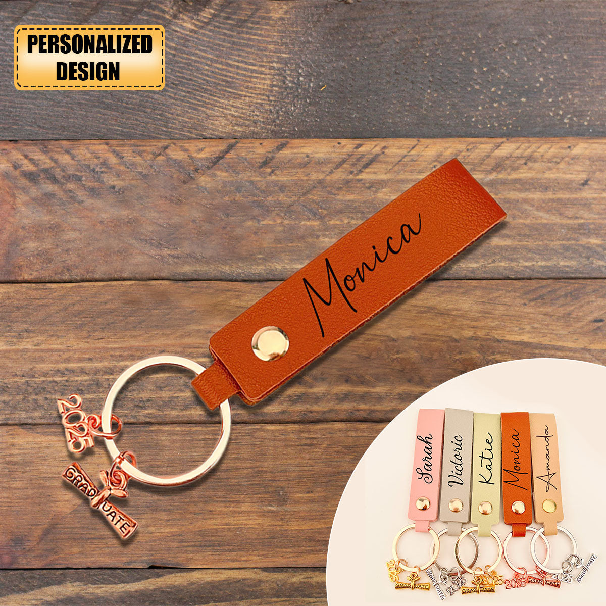 Personalized Name Leather Graduation Keychain
