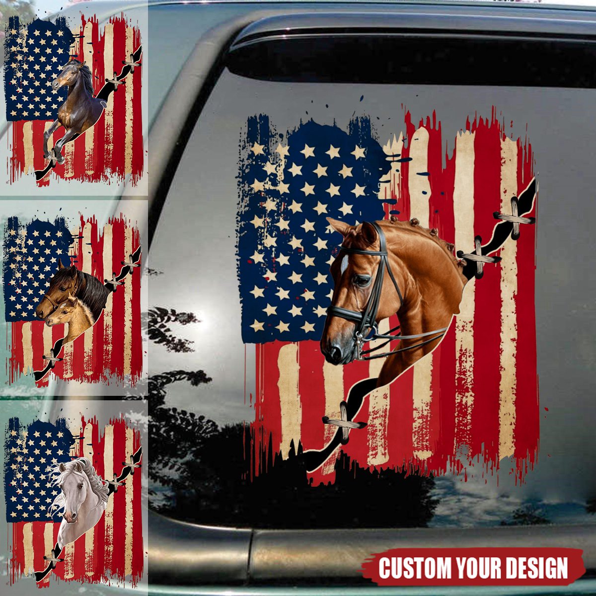 Personalized America horse flag printed decal - gift for horse lovers