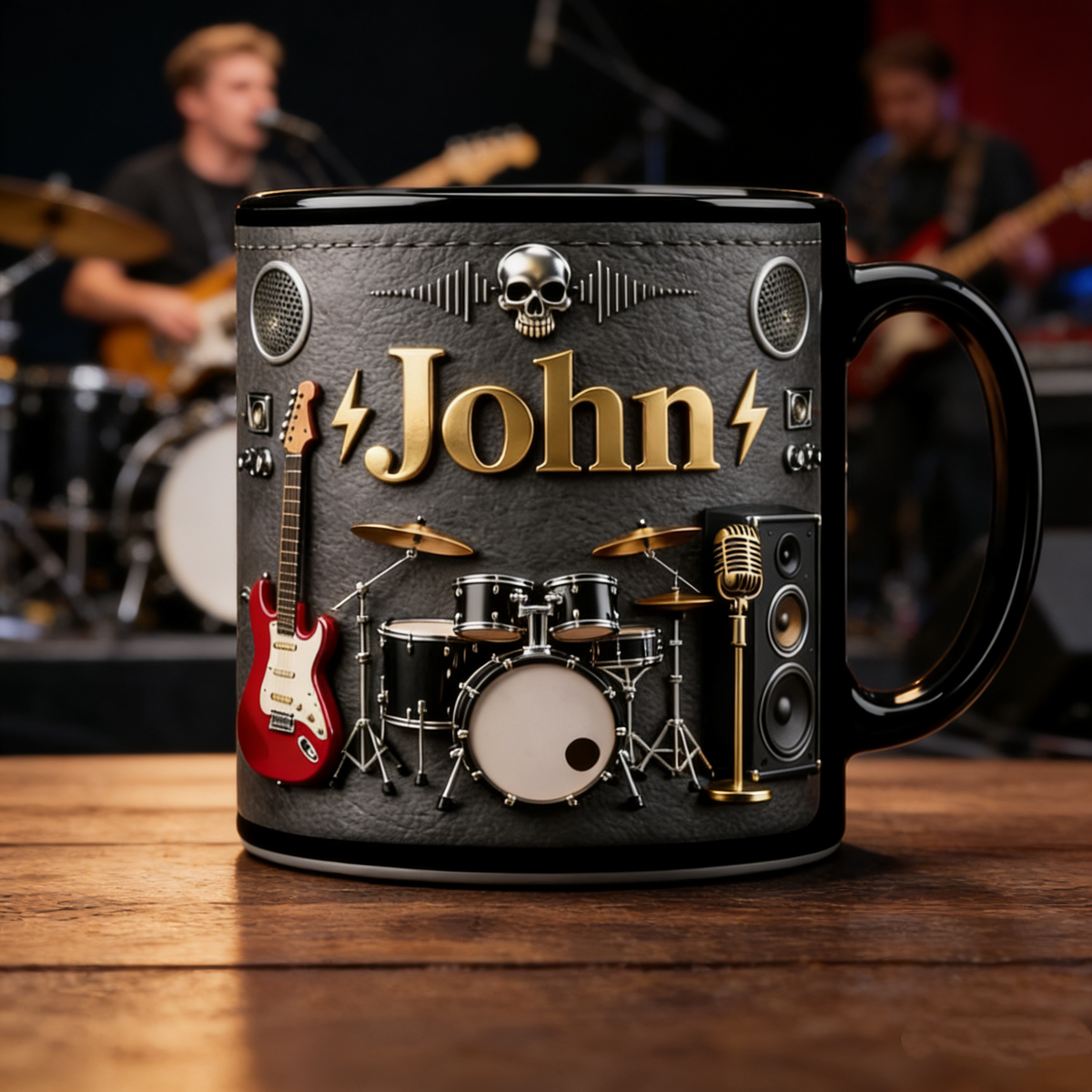 Personalized Rock Music Mug with Name, Guitar Drum Coffee Cup