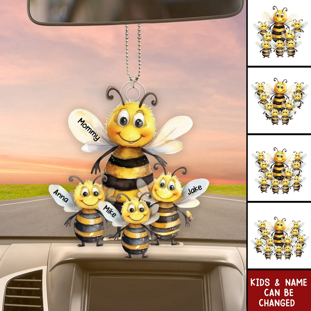 Personalized Bee Family Acrylic Car Ornament - Gift For Mom, Grandma