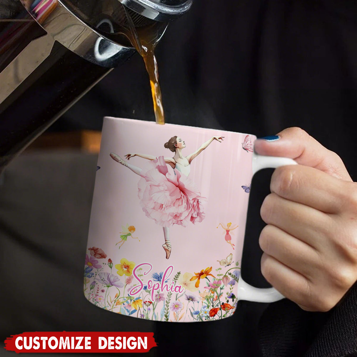 Personalized Birth Flower Butterfly Ballet Girl Coffee Mug