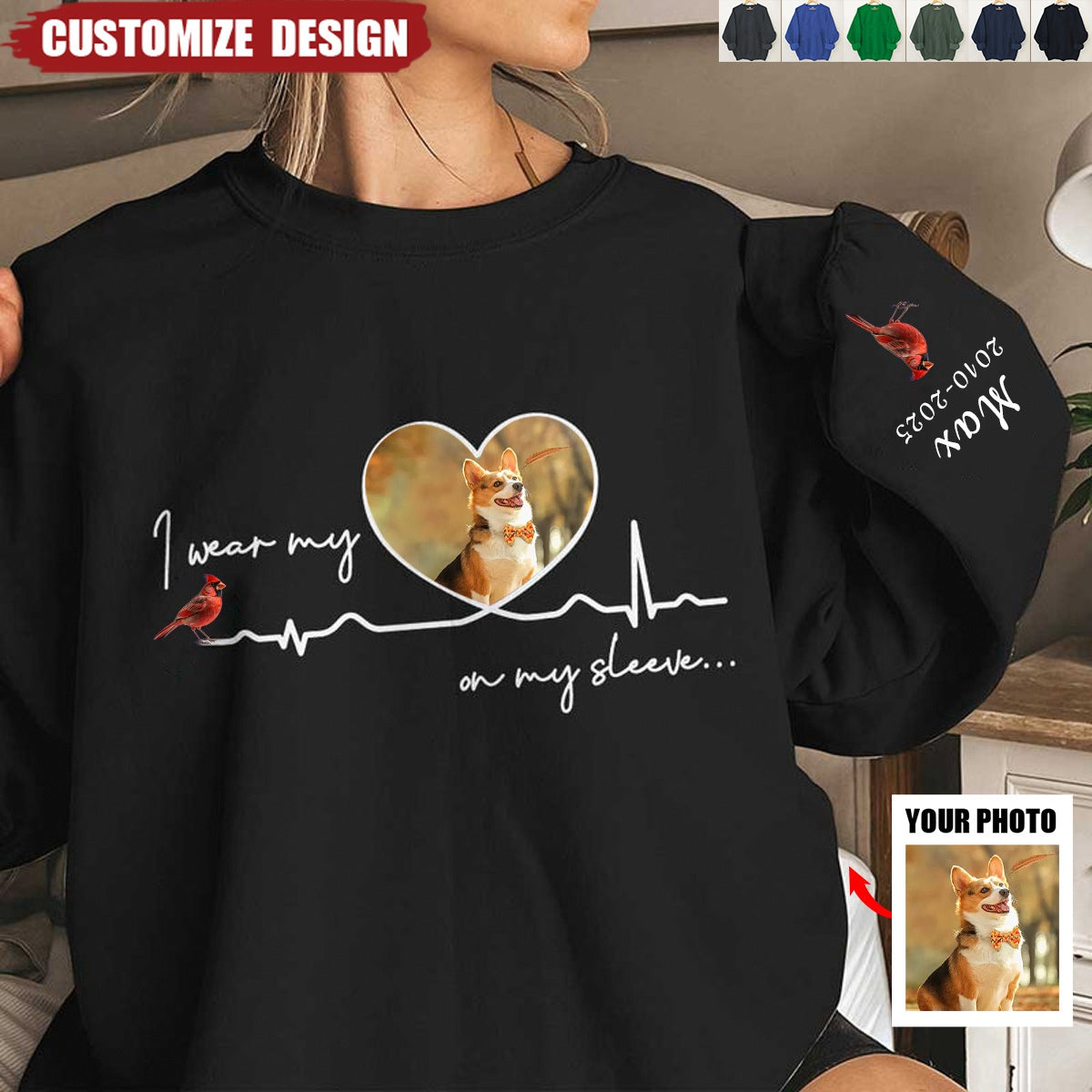 I Wear My Heart Angel On My Sleeve - Memorial Personalized Upload Photo Sweatshirt