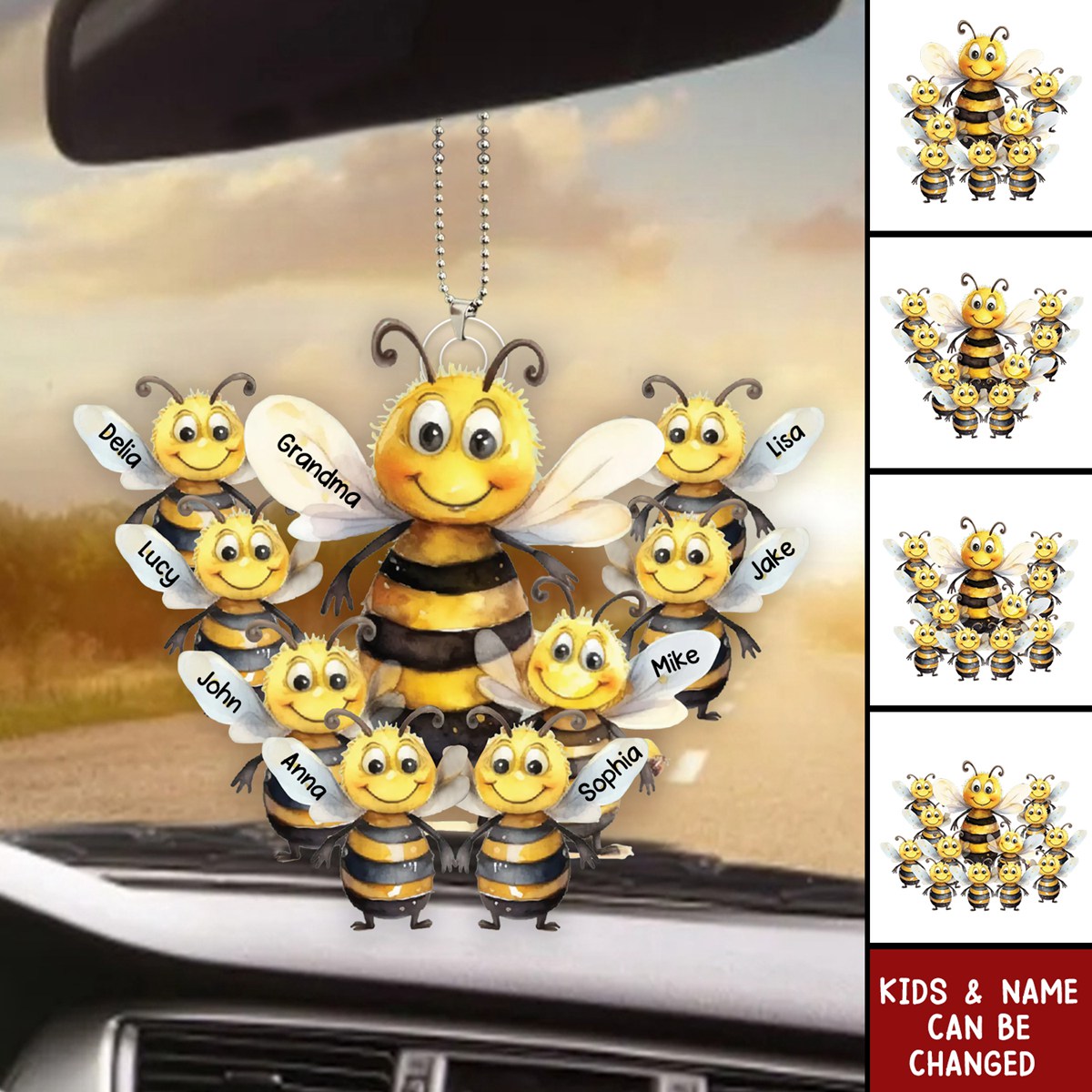 Personalized Bee Family Acrylic Car Ornament - Gift For Mom, Grandma
