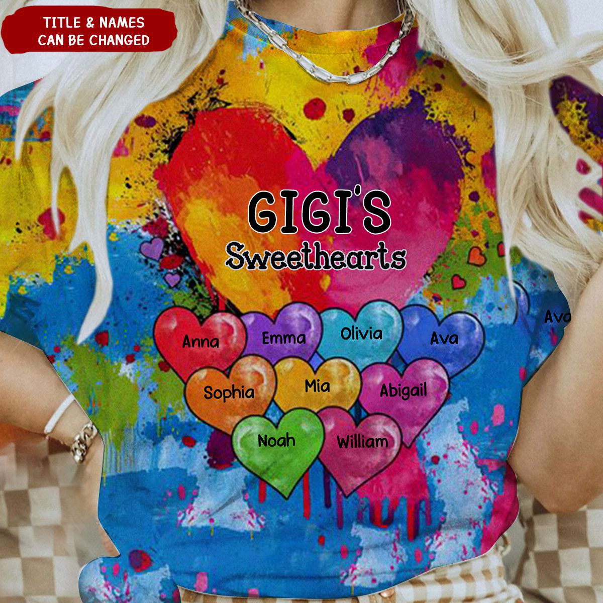 Vibrant Heart Paint Splatter Grandma Mom Kids Personalized 3D T-shirt