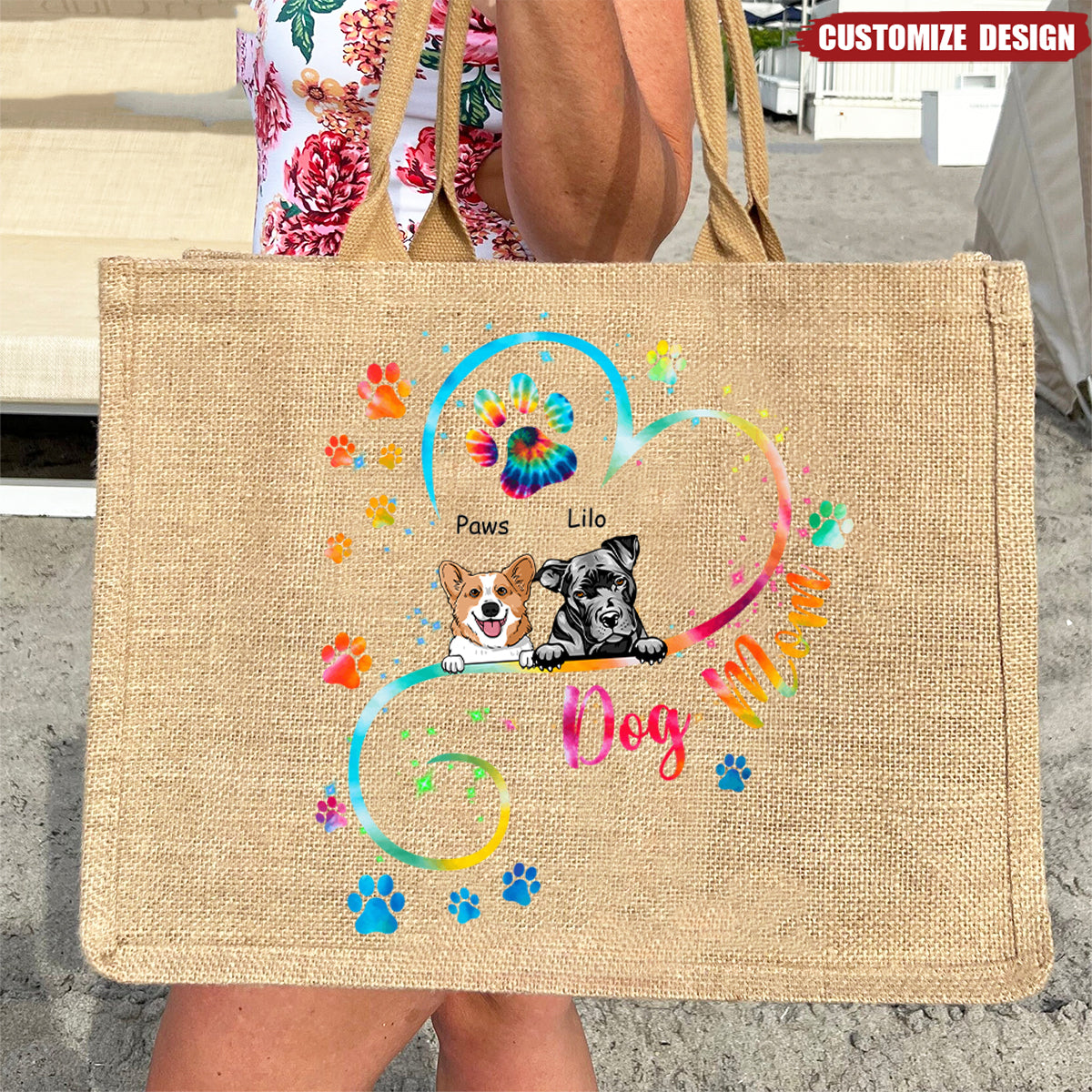 Dog Mom Heart Line Personalized  Jute Tote Bag, DIY Gift For Pet Lovers