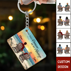 Retro Vintage Back View Couple Sitting Beach Landscape Personalized Wooden Keychain