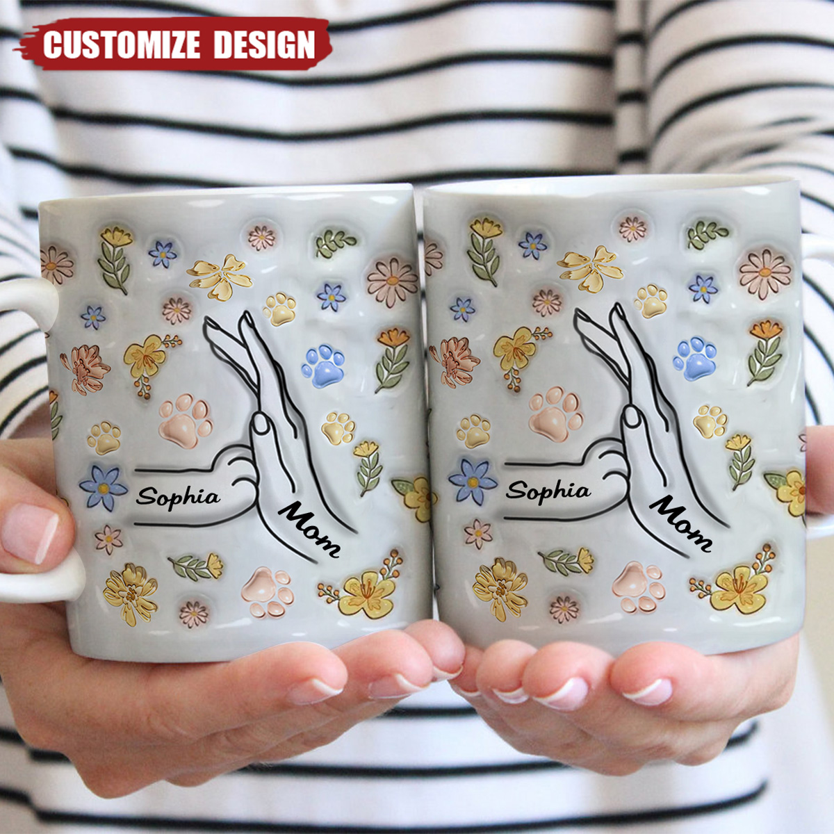 High Five Paw And Hand Personalized Mug - Gift For Cat Mom