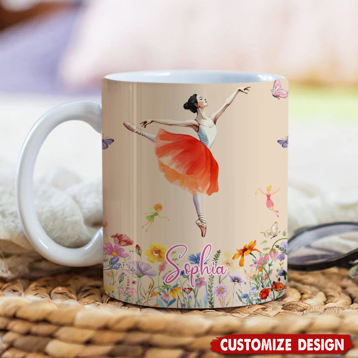 Personalized Birth Flower Butterfly Ballet Girl Coffee Mug
