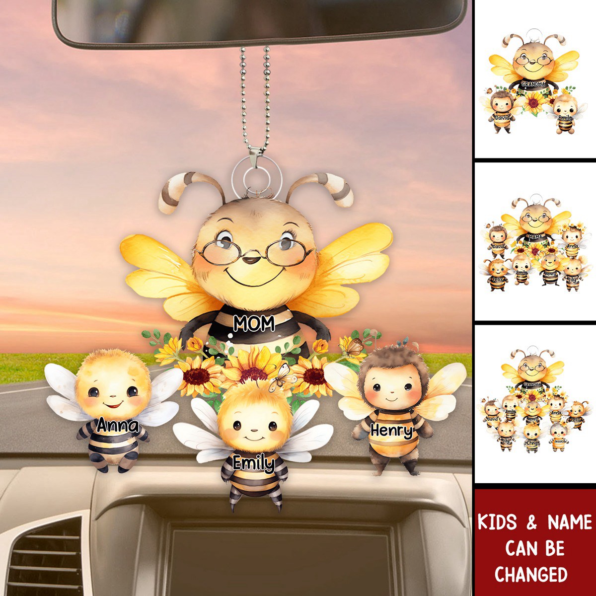 Grandma / Mom Bee With Little Kids - Personalized Acrylic Car Ornament