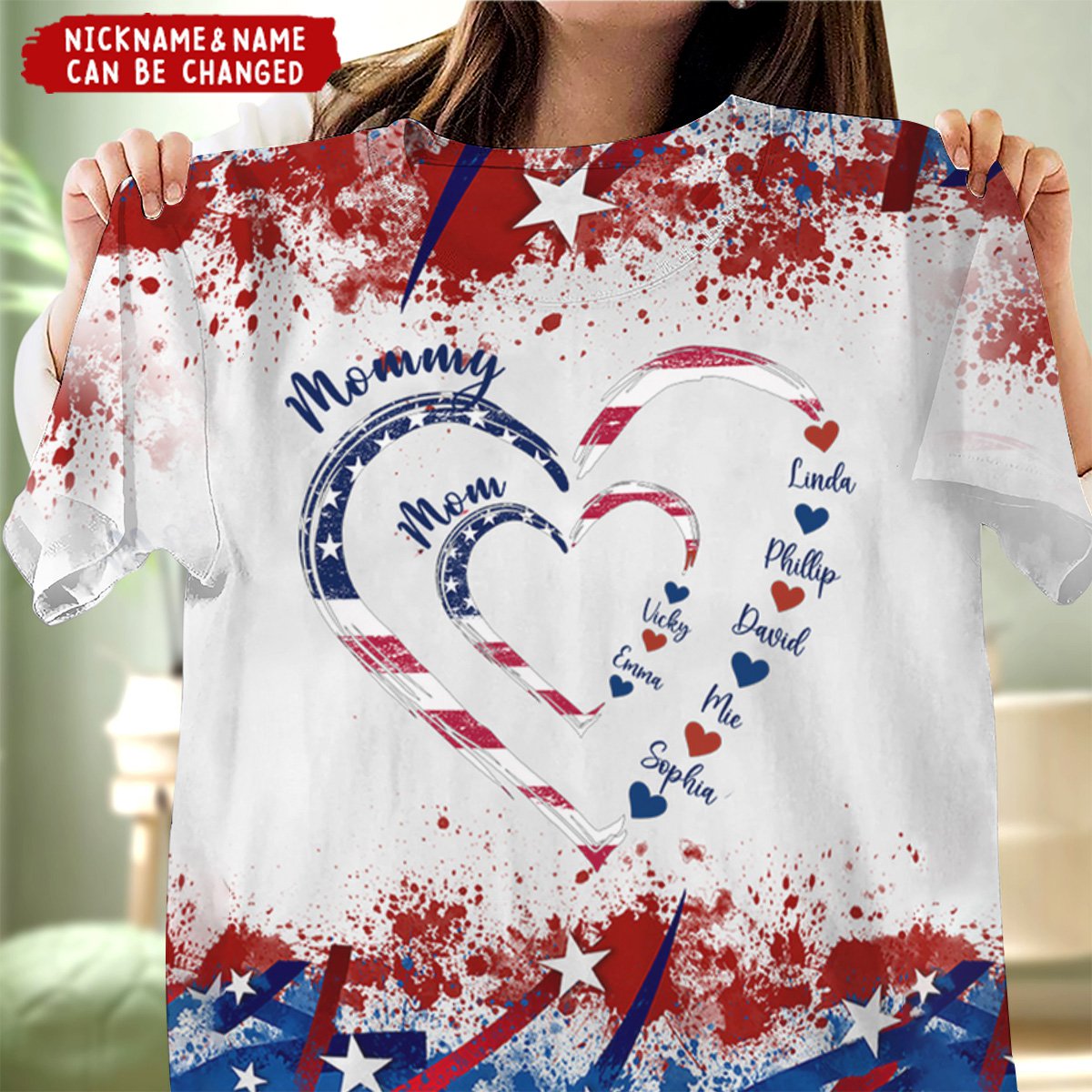 4th of July Grandma Mom Kids Heart In Heart Personalized 3D T-shirt