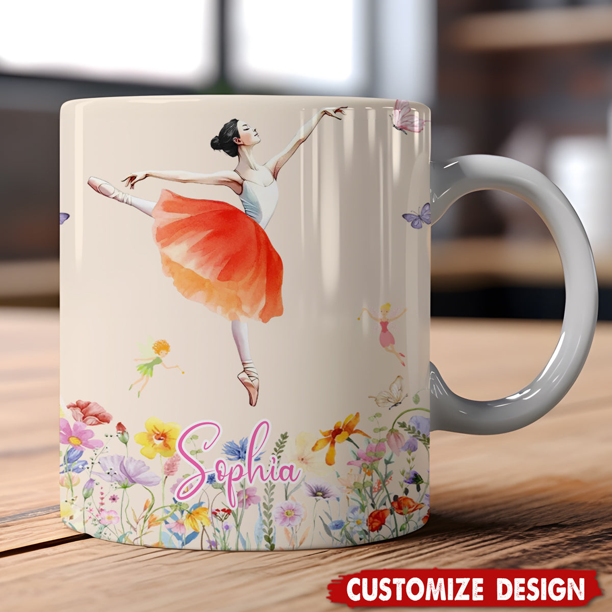 Personalized Birth Flower Butterfly Ballet Girl Coffee Mug