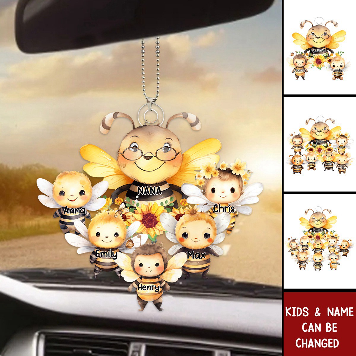 Grandma / Mom Bee With Little Kids - Personalized Acrylic Car Ornament