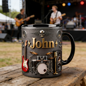 Personalized Rock Music Mug with Name, Guitar Drum Coffee Cup