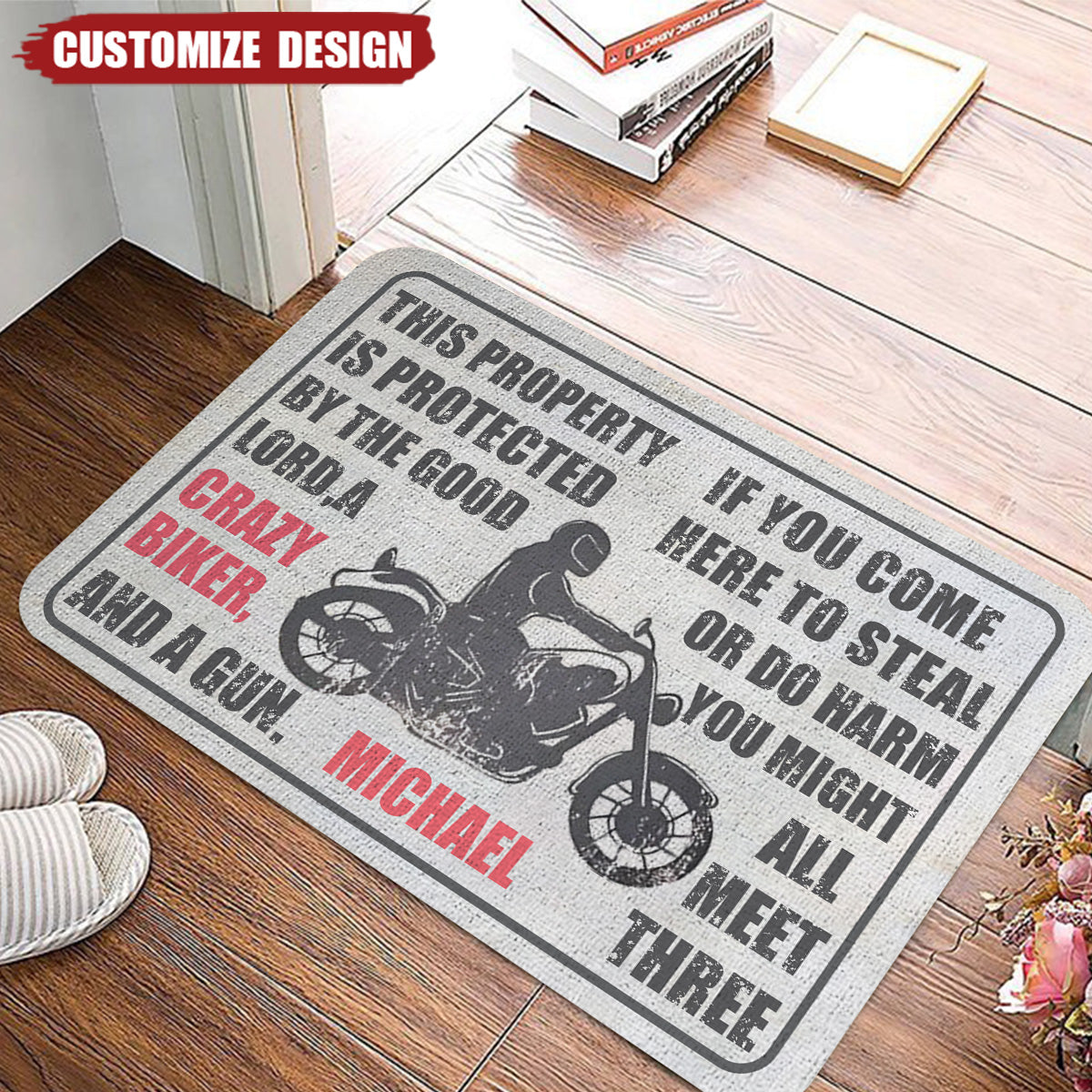 Protected By The Good Lord And Crazy Biker - Personalized Doormat-Gift For Biker