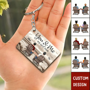 Retro Vintage Back View Couple Sitting Beach Landscape Personalized Wooden Keychain