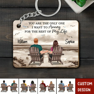 Retro Vintage Back View Couple Sitting Beach Landscape Personalized Wooden Keychain